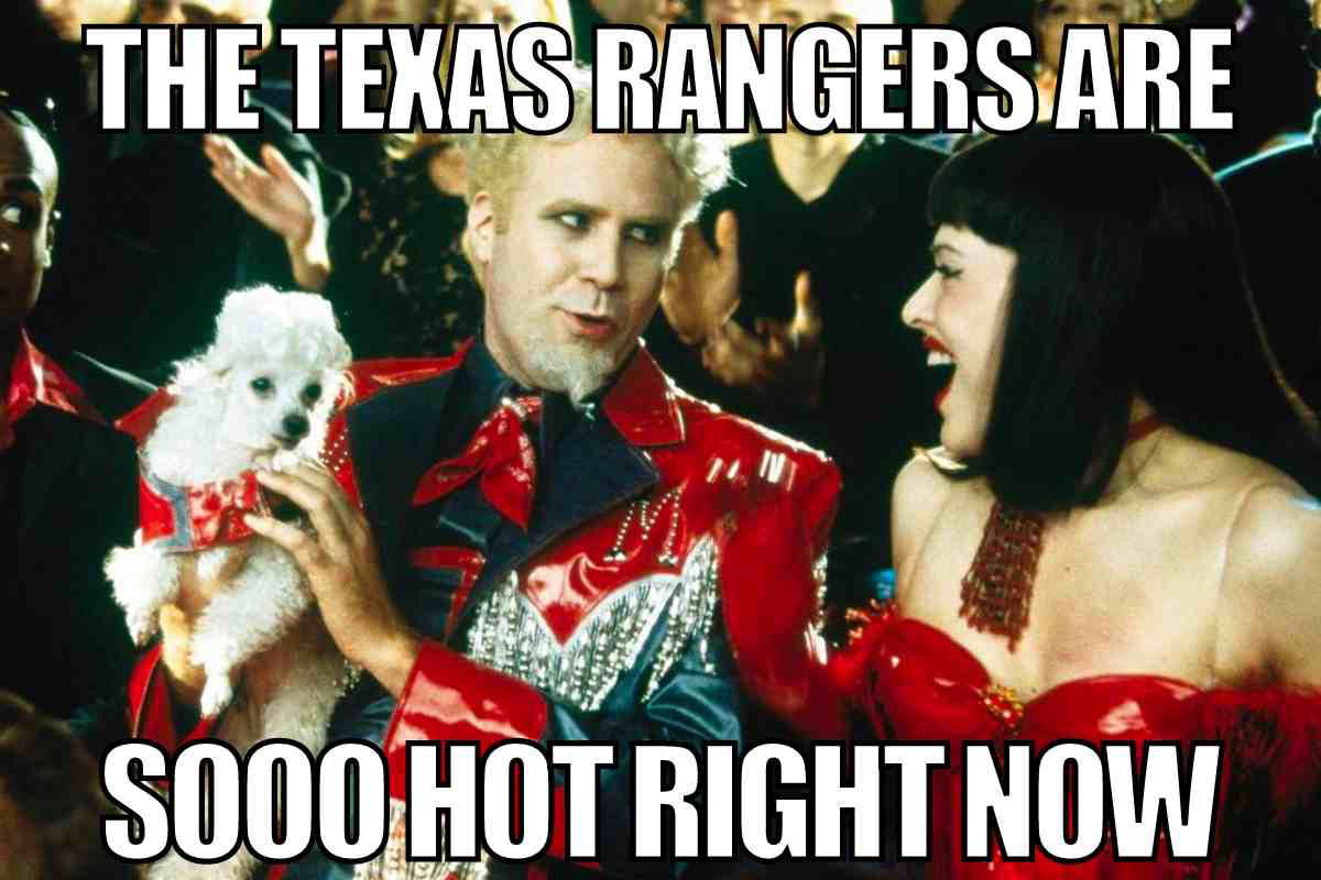 funny texas rangers meme A meme of two fashionistas in red outfits holding a poodle, with text: 'The Texas Rangers are sooo hot right now,' adding a dash of Zoolander humor to Texas baseball fandom.