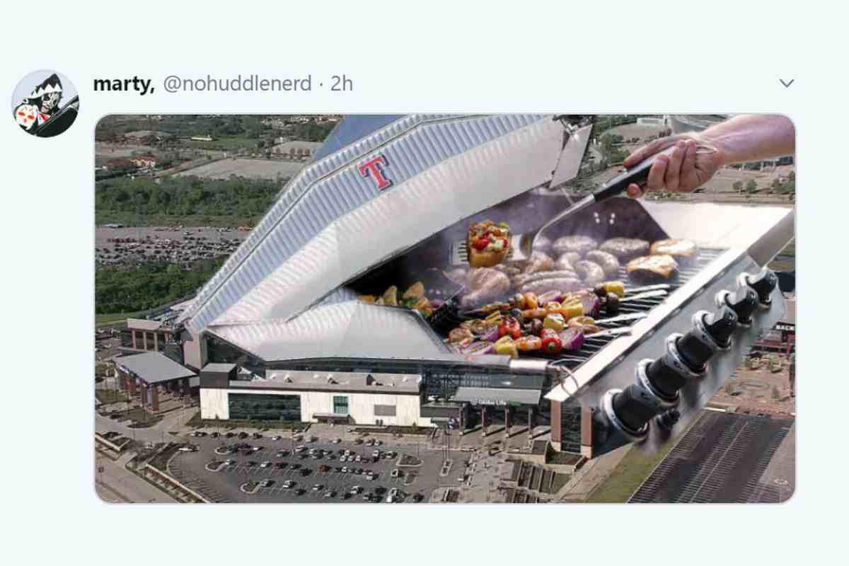 globe life stadium meme texas rangers Hilarious Texas meme featuring a stadium turned into a giant grill, complete with a hand flipping burgers and veggies, combining football and BBQ in true Texan style.