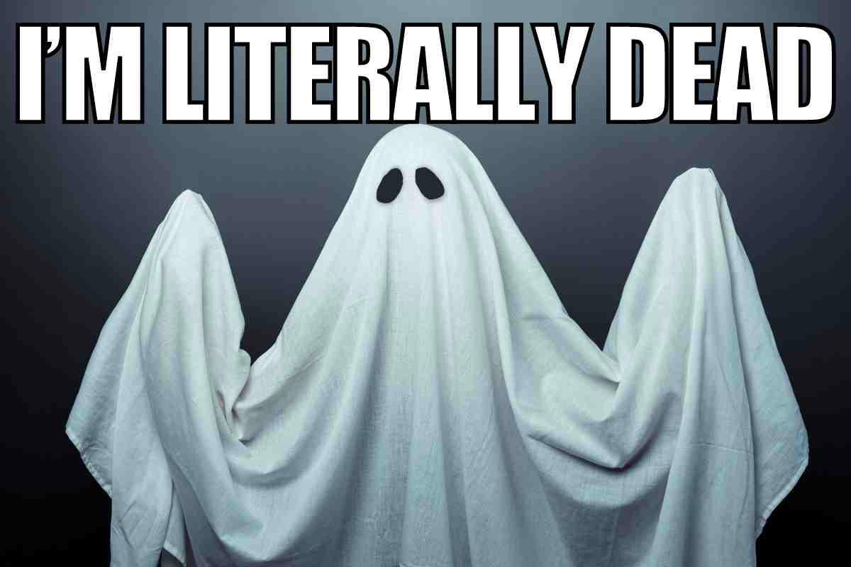 literally dead meme ghost Funny ghost meme with a bedsheet ghost saying, 'I'M LITERALLY DEAD,' nailing the dramatic irony from beyond the grave.