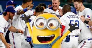 A Minion joyfully joins the Texas Rangers' celebration in a meme mashup, giving a hilarious twist to baseball with minions and Texas humor.