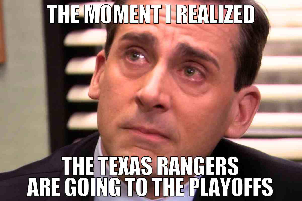 texas rangers playoffs meme Crying man meme with text 'THE MOMENT I REALIZED THE TEXAS RANGERS ARE GOING TO THE PLAYOFFS,' capturing the emotional rollercoaster known as Texas sports fandom.