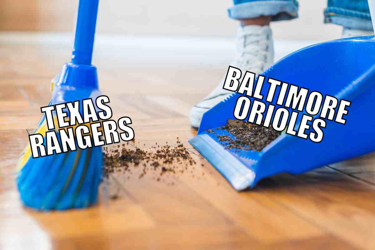 texas rangers vs baltimore orioles meme Texas Rangers sweeping the Baltimore Orioles under the rug in this humorous baseball meme, featuring a broom and dustpan labeled accordingly.