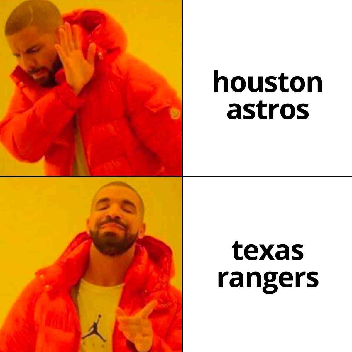 texas rangers vs houston astros meme Meme with a person disregarding 'Houston Astros' and approving 'Texas Rangers', playfully portraying Texas baseball rivalry.