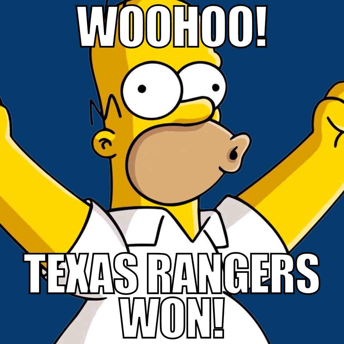 texas rangers won meme Meme of an animated character cheering with arms raised, celebrating the Texas Rangers' victory with the text 'WOOHOO! Texas Rangers Won!'
