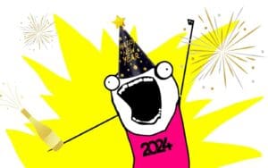 Meme character excitedly wearing a 2024 shirt and a Happy New Year hat, surrounded by fireworks and popping champagne, ready to greet the new year with a loud cheer!