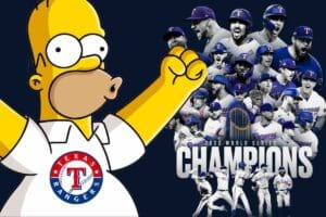 Cartoon character celebrating wildly alongside the 2023 Texas Rangers World Series champions, proving that even fictional fans are on cloud nine! Meme essence included.