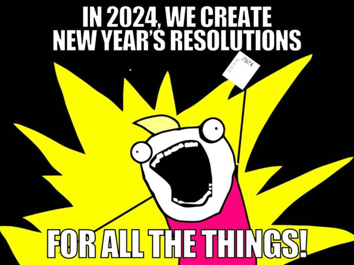 2024 new years resolutions meme 2024 New Year's resolutions meme featuring an excited cartoon character declaring resolutions for all the things, holding a paper labeled 2024.