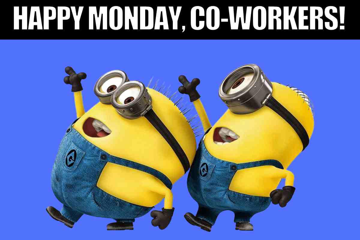 happy monday meme for work Two yellow cartoon characters joyfully celebrating Monday with the caption 'Happy Monday, CoWorkers!' bringing humor to the Monday blues in a memestyle image.