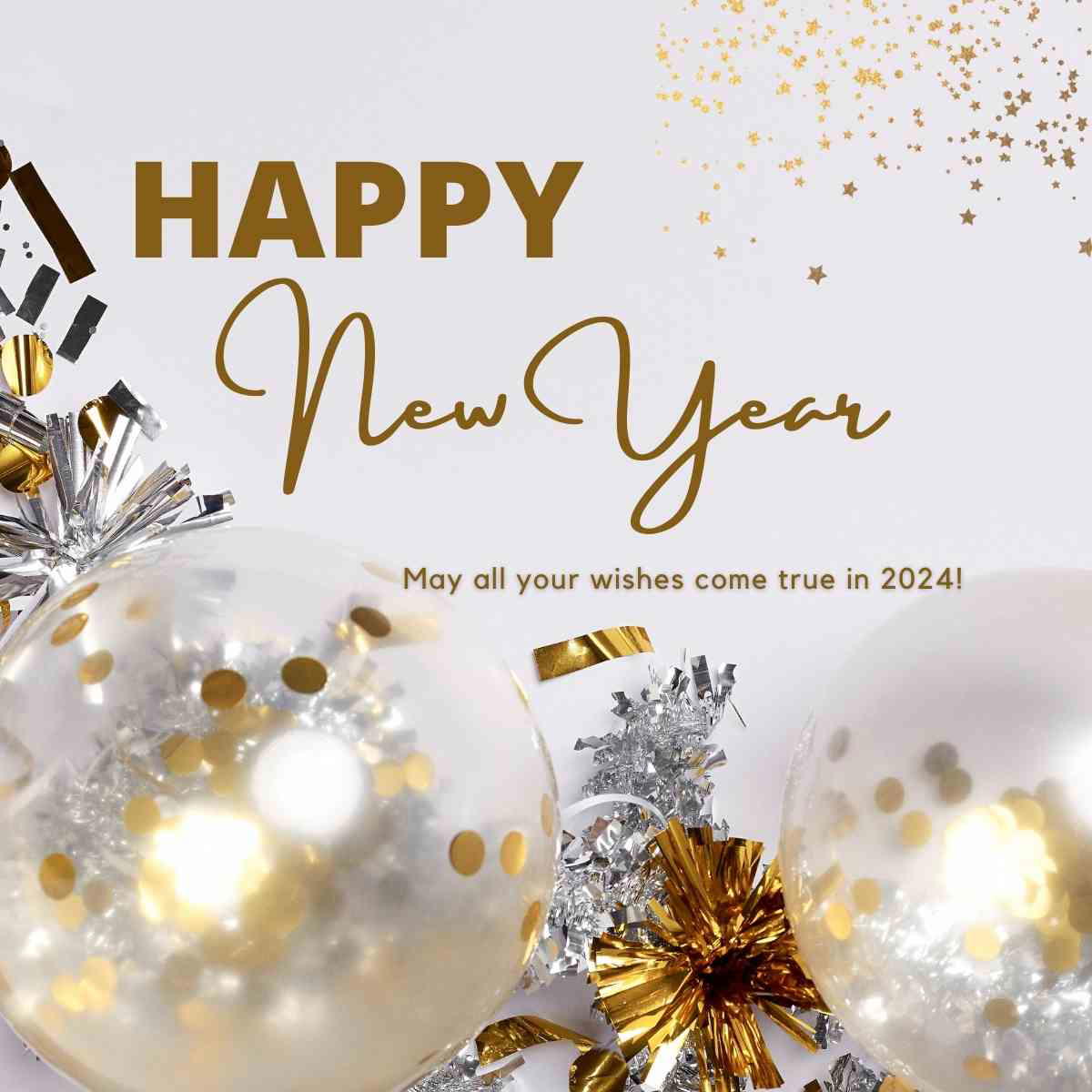 happy new year images free Meme wishing a Happy New Year with gold confetti and the optimistic reminder: "May all your wishes come true in 2024!"