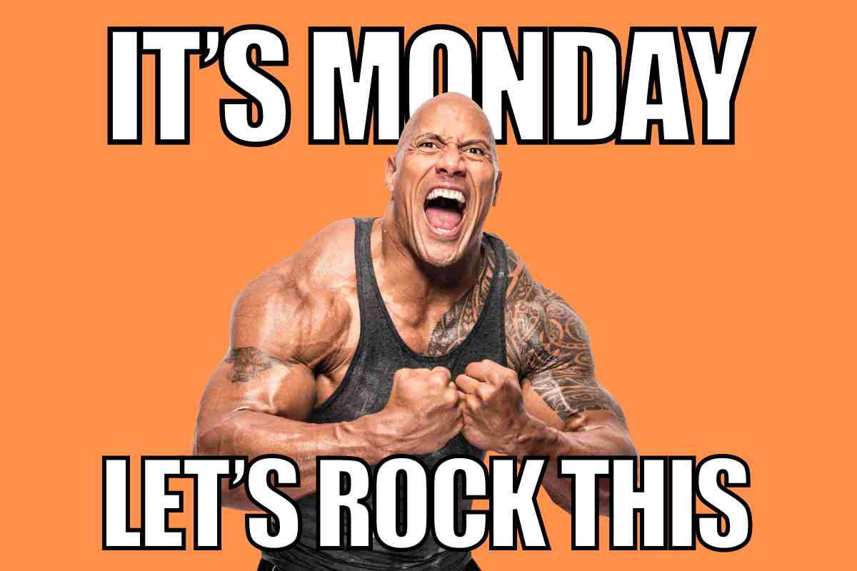 monday motivation meme for work Meme of a muscular person enthusiastically shouting 'It's Monday, let's rock this' with a bright orange background.
