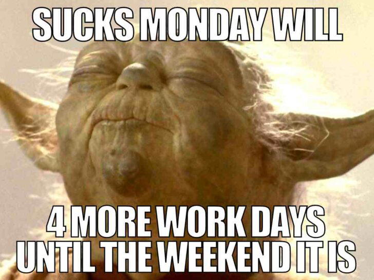 monday weekend meme Humorous meme featuring a wiselooking green being with text "Sucks Monday will, 4 more work days until the weekend it is," capturing the universal dread of Mondays with a twist of legendary wisdom.