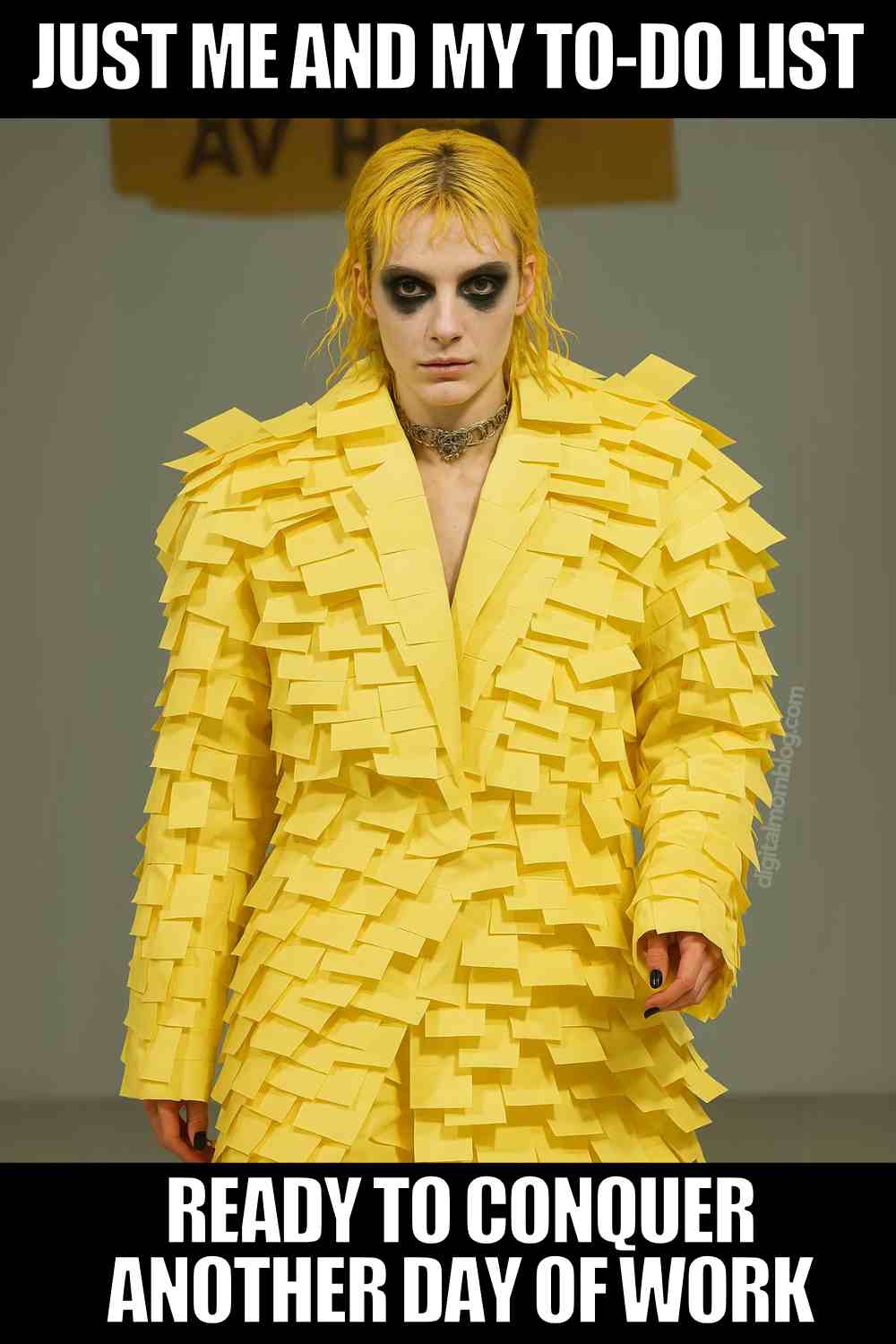 to do list work meme Funny work to do list meme featuring a model wearing a suit made entirely of yellow sticky notes, with heavy black eye makeup, and a text overlay reads, "Just me and my to-do list: Ready to conquer another day of work."