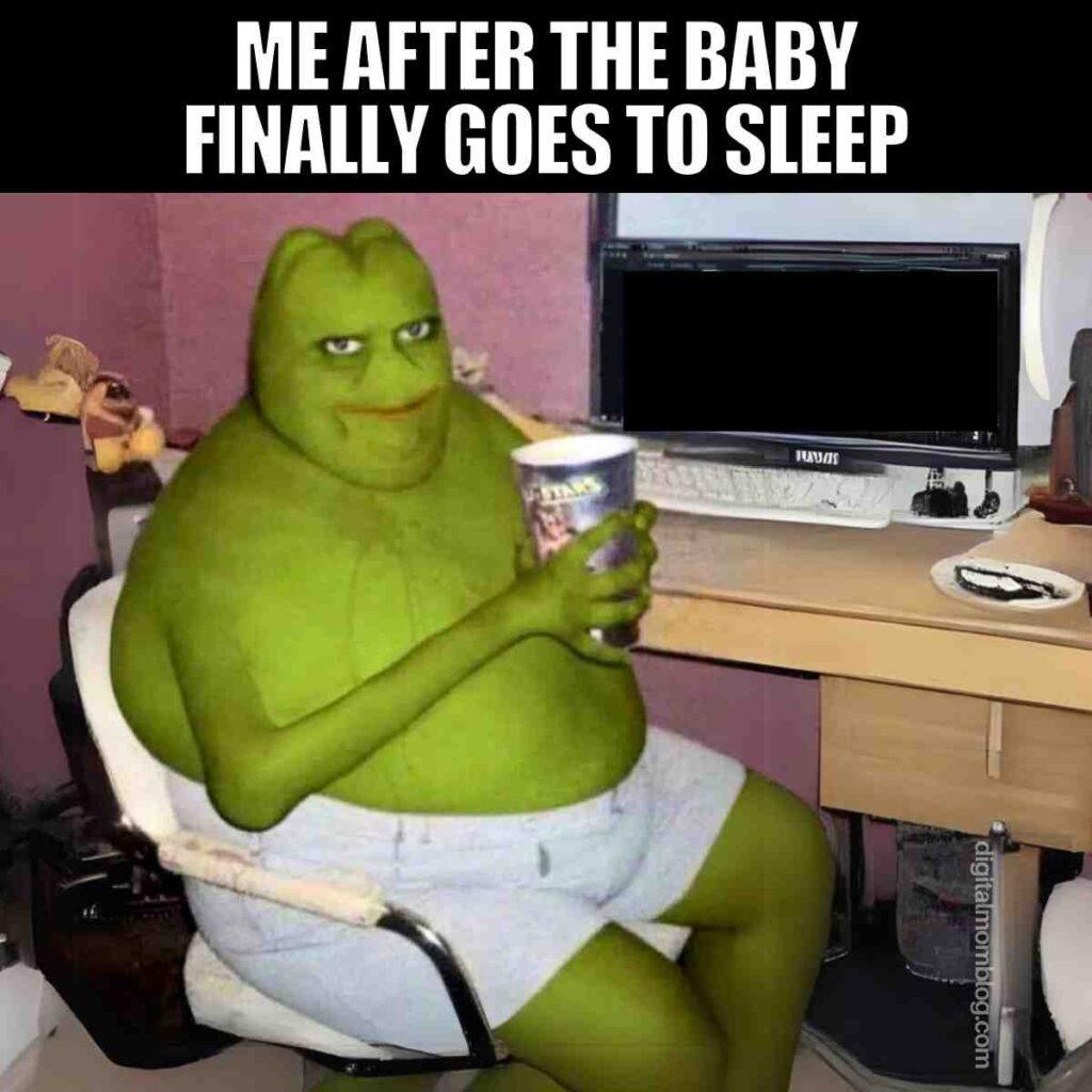 baby goes to sleep meme A grinning green cartoon frog sitting at a desk with a drink, humorously captioned 'Me after the baby finally goes to sleep,' embodying exhausted Thursday vibes.