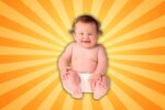 Adorable baby sitting in a diaper with an ultrasmiley face on a bright orange burst background, radiating pure baby meme vibes, ready to conquer the Internet with cuteness overload.