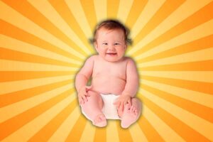 Adorable baby sitting in a diaper with an ultrasmiley face on a bright orange burst background, radiating pure baby meme vibes, ready to conquer the Internet with cuteness overload.