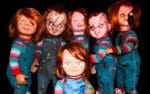 Meme of multiple Chucky dolls gathered like a scary family reunion, highlighting the concept of questionable cousin relationships with a humorous twist.