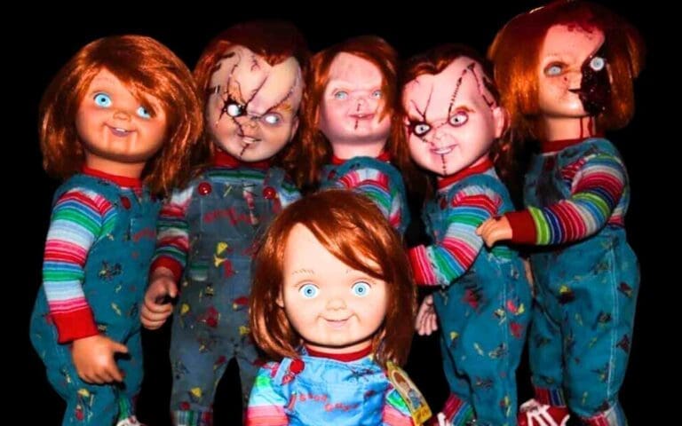 Meme of multiple Chucky dolls gathered like a scary family reunion, highlighting the concept of questionable cousin relationships with a humorous twist.