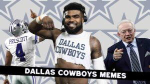 Collage featuring NFL football player Ezekiel Elliot wearing a "Dallas Cowboys" crop top, another player Dak Prescott in a Cowboys jersey, and a suited owner Jerry Jones, with the text "DALLAS COWBOYS MEMES" against a star-patterned background.