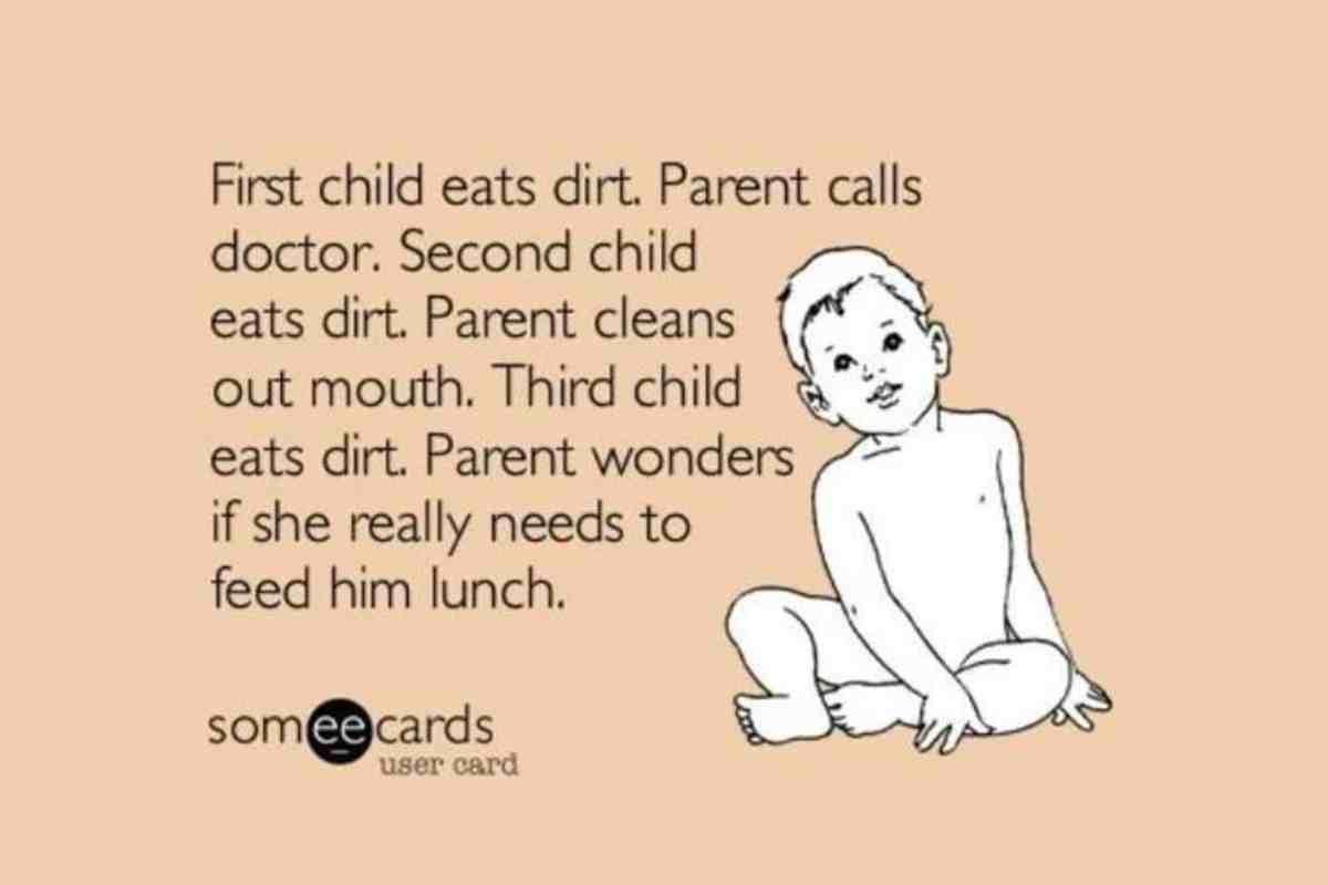 first baby meme A baby meme features a cartoon baby sitting with a humorous text about parenting multiple children; it highlights how reactions to children eating dirt evolve from panic to casual indifference as a parent has more kids, eventually considering dirt as a potential lunch substitute.