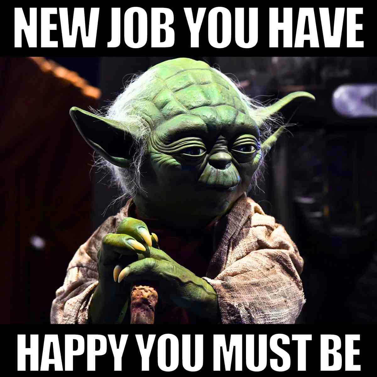 happy new job meme Meme featuring a wise green creature saying "New job you have, happy you must be," humorously commenting on starting a new job.
