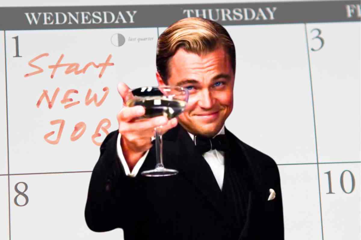 new job memes 1 Smiling man in a tuxedo toasting with a glass in front of a calendar with 'Start New Job' scribbled on a Wednesday; cheers to employment memes!