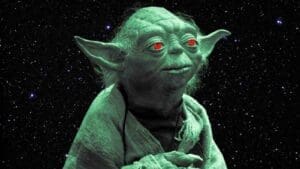 Meme of a green, wise character with heartshaped eyes gazing into space, embracing Valentine's Day vibes with galactic love.