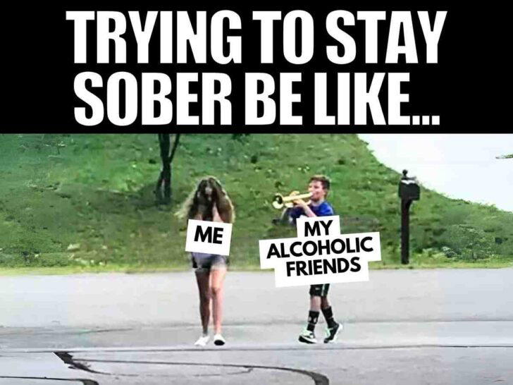 stay sober meme Meme of a person labeled 'Me' trying to walk while a kid labeled 'My Alcoholic Friends' plays a trumpet loudly beside them, under the humor-filled caption 'Trying to stay sober be like...'.