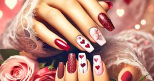 Closeup of hands with Valentine's Daythemed nail designs, featuring classic red polish, pastel pink glitter, ombré effects, and intricate heart patterns, holding romantic props like roses and chocolates against a soft pink and red background with bokeh lights.