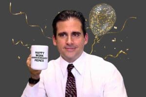 A man in a white shirt holding a mug that says 'HAPPY WORK ANNIVERSARY MEMES,' with a festive balloon and streamers in the background, looking amusingly serious about celebrating work milestones with humor.
