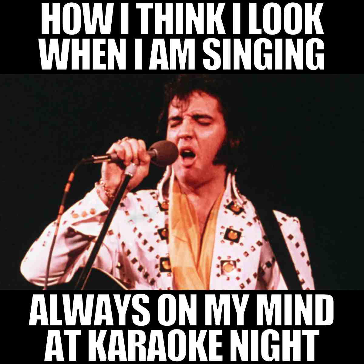 elvis meme Meme of Elvis Presley passionately singing into a microphone with text saying, 'How I think I look when I am singing, Always on my mind at karaoke night.'