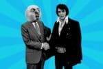 Meme showing Elvis Presley shaking hands with a suited man who has a grinning meme face, set against a radiant blue background.