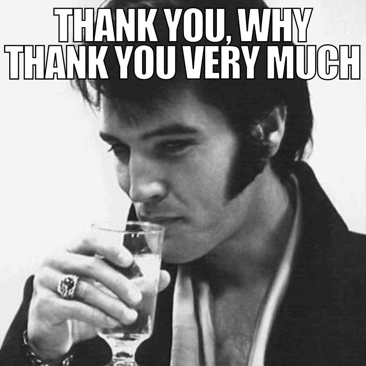 elvis thank you meme Meme of Elvis Presley sipping a drink looking fancy, with text saying 'Thank you, why thank you very much.'
