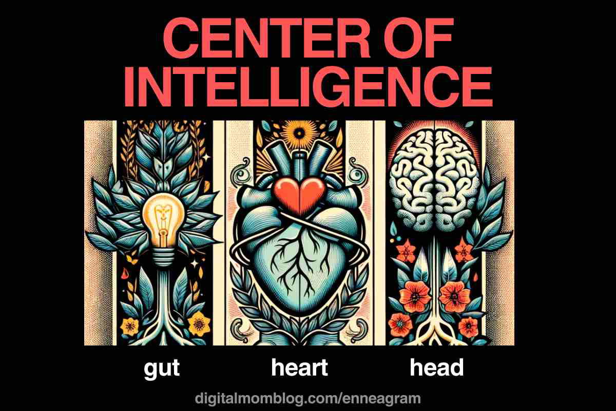 enneagram center of intelligence definition Illustration titled 'Center of Intelligence' featuring the gut with a lightbulb, a heart symbolizing emotions, and a brain for thoughts—perfect for those indecisive moments when your inner Enneagram debate squad can’t agree on what’s for dinner.
