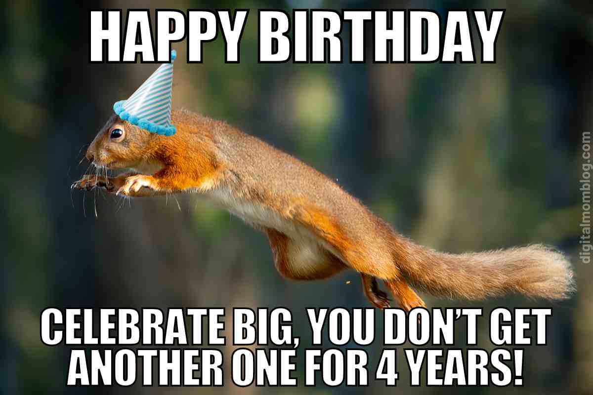 happy birthday leap day meme A birthday meme featuring a squirrel in a party hat jumping with the caption, 'HAPPY BIRTHDAY. Celebrate big, you don’t get another one for 4 years!' Perfect humor for leap year babies.