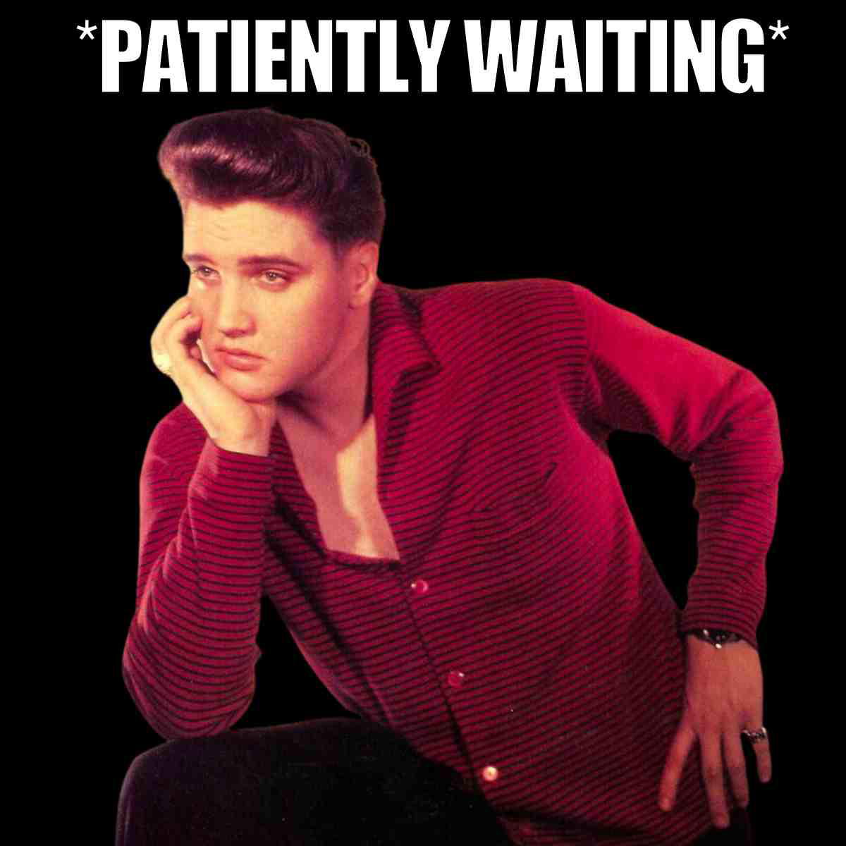 waiting elvis meme Elvis Presley meme with Elvis looking bored in a red striped shirt, captioned "*PATIENTLY WAITING*" to capture that alltoofamiliar waiting game vibe.