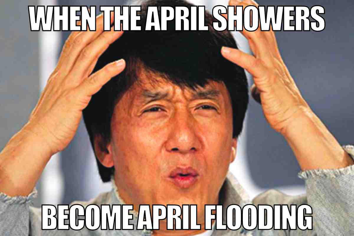 april flooding meme Humorous meme of a confused man with hands on head, captioned "When the April showers become April flooding."