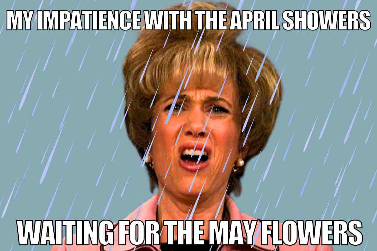 april showers may flowers meme Meme depicting a woman making a frustrated face in the rain with text reading 'My impatience with the April showers waiting for the May flowers', humorously capturing the exasperation of enduring dreary April weather.