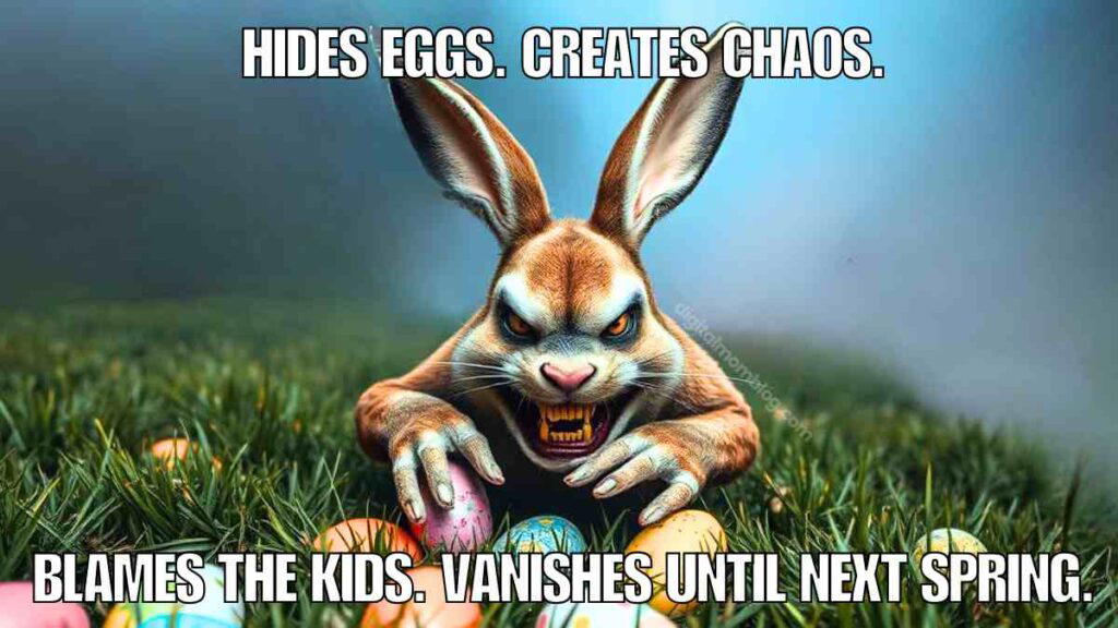 easter bunny hiding eggs meme A funny easter bunny meme featuring a cartoonish, menacing rabbit crouched on grass, surrounded by colorful Easter eggs, with text above and below reading, "Hides eggs. Creates chaos. Blames the kids. Vanishes until next spring."