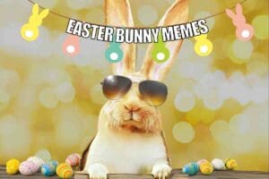 Cool bunny alert! A laidback Easter bunny rocking sunglasses, surrounded by colorful eggs, enjoys the spotlight under a banner saying 'Easter Bunny Memes.' It's a hoppin' good time!