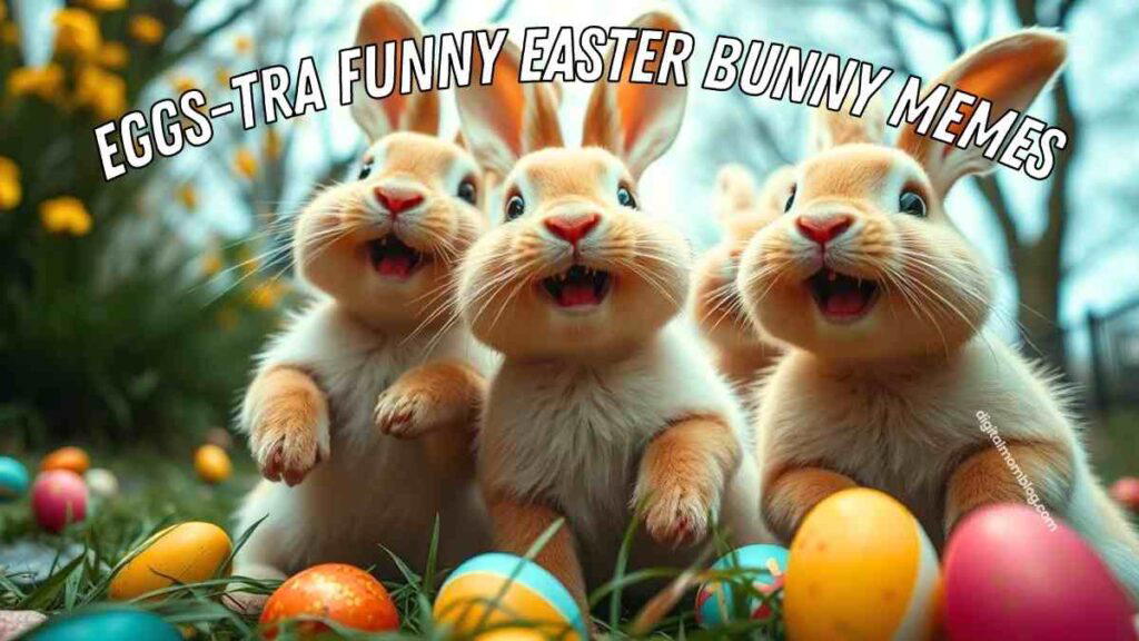 easter bunny memes funny Three animated bunnies with excited expressions surrounded by colorful Easter eggs and the text "Eggs-tra Funny Easter Bunny Memes" above them.