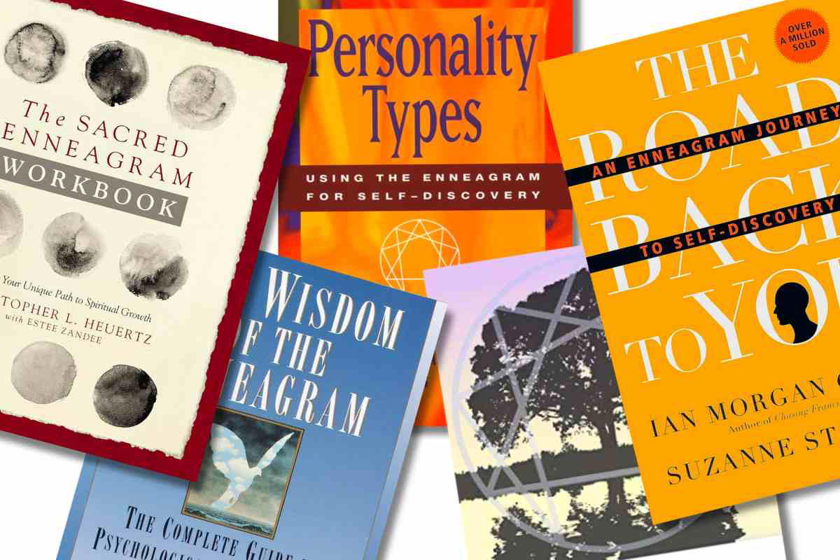 enneagram books A quirky collage of Enneagram books promising to sort your personality while you secretly wonder if they’ll also find your missing socks.