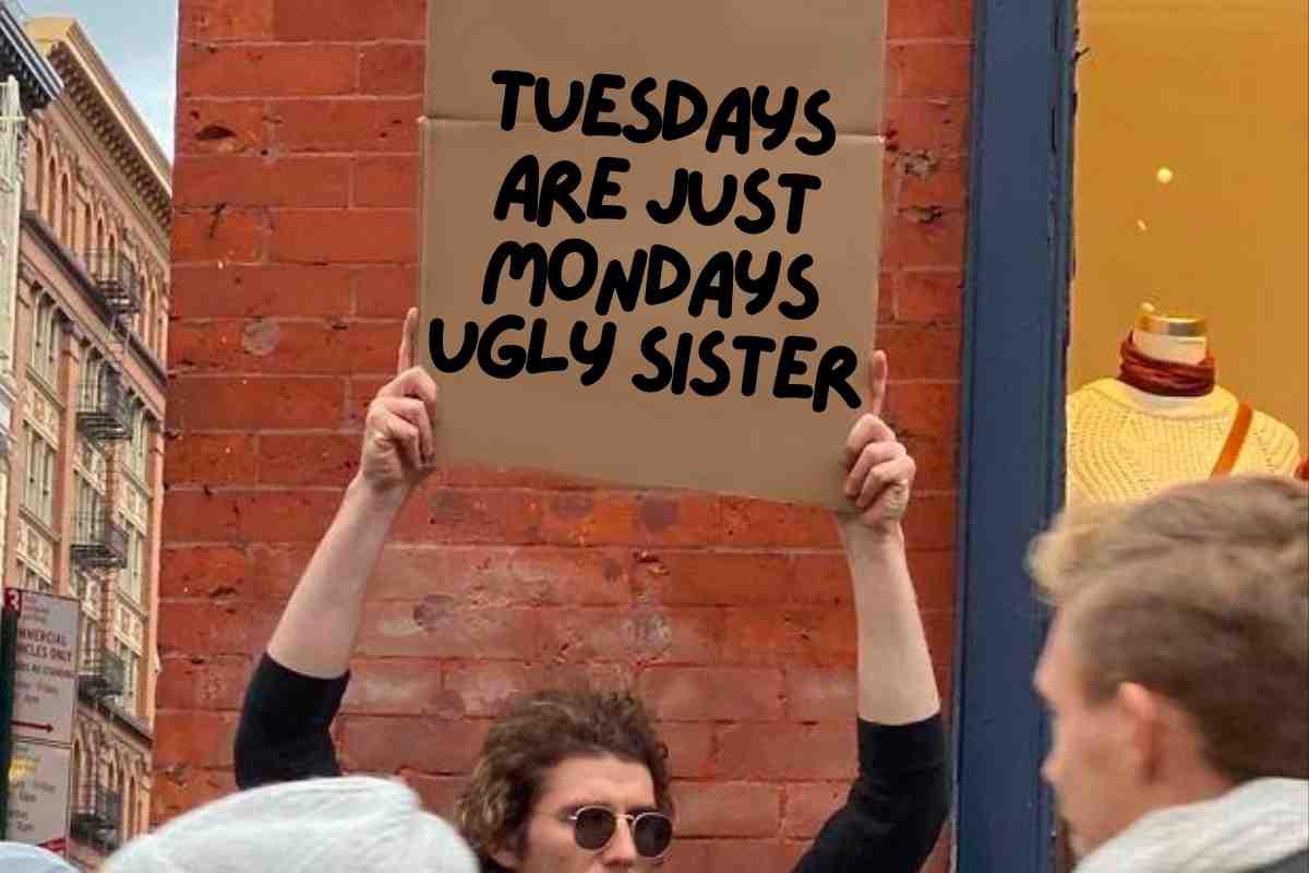 funny tuesday work meme Person holding a sign that humorously reads, 'Tuesdays are just Mondays ugly sister,' bringing a dose of Tuesday meme humor with a side of sibling rivalry.