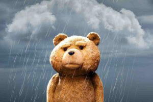 Grumpy teddy bear standing in the rain under a gloomy cloud, perfectly capturing that 'Mondays should be illegal' mood in a rain meme.