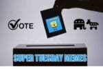A playful Super Tuesday meme featuring a cartoon character cheerfully casting a vote, with political symbols for both major parties, and a bold text that says 'Super Tuesday Memes.' It's democracy with a side of laughs!