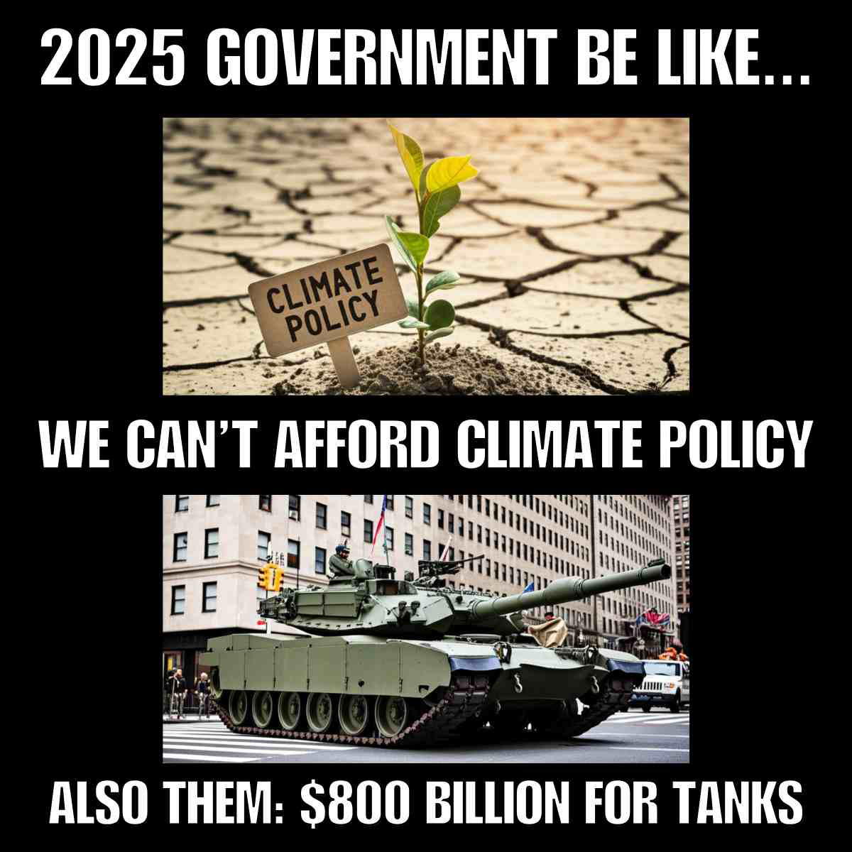 climate policy meme earth day A climate policy meme for earth day 2025 with two panels. The top panel shows a small plant growing in cracked soil with a sign labeled "CLIMATE POLICY," accompanied by text saying "2025 GOVERNMENT BE LIKE... WE CAN'T AFFORD CLIMATE POLICY." The bottom panel displays a tank on a city street, with text reading "ALSO THEM: 0 BILLION FOR TANKS," highlighting a contrast in spending priorities.