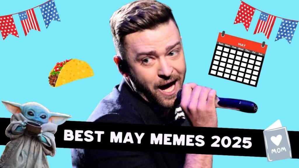may memes 2025 A collage of meme characters featuring a singer holding a microphone, a taco, a May calendar, Baby Yoda, patriotic banners, and a greeting card with "Best May Memes 2025" text on a blue background.