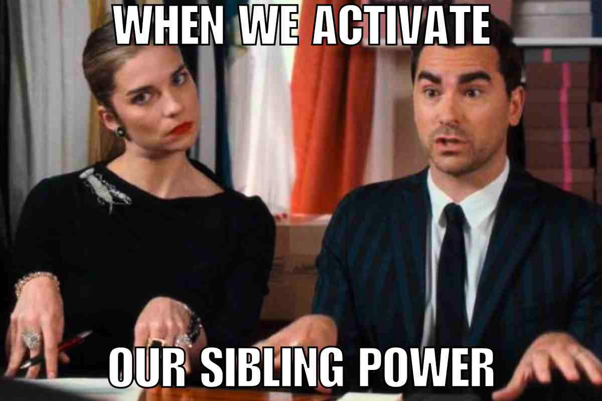 sibling power meme Two siblings from Schitts Creek at a table, one with a skeptical look and the other animatedly explaining something, with the caption "When we activate our sibling power." Perfectly captures sibling telepathy when plotting mischief or making fun of mom’s tech skills.