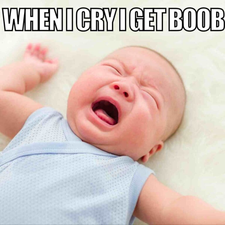 A baby in a blue onesie is crying with their mouth wide open, accompanied by the caption, 'When I cry I get boob,' suggesting that if Thursdays were people, we’d be taking notes from this baby to survive to Friday.