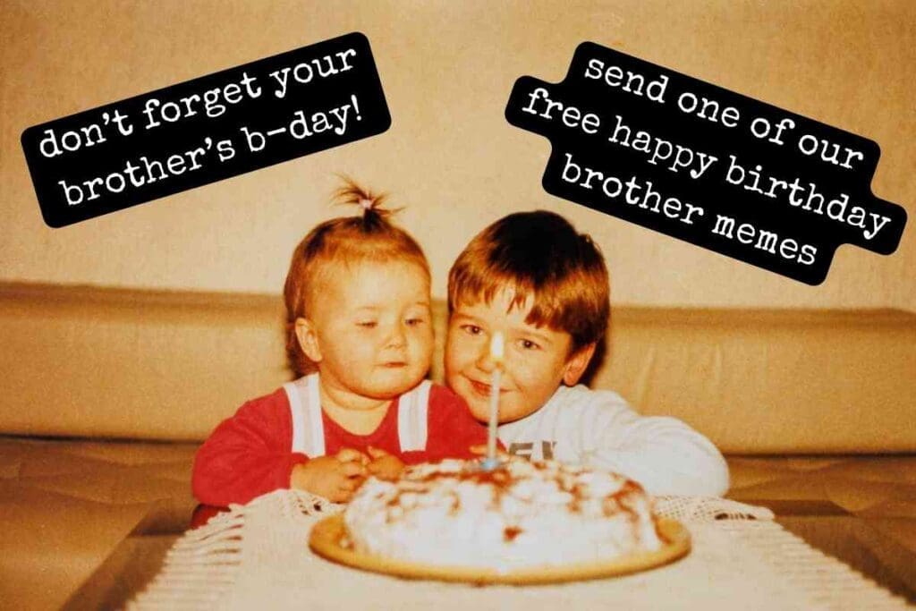 happy birthday brother memes Two young children sitting at a table with a birthday cake, the older brother grinning with pride while the younger sibling looks dubiously at the candle, with text reminders about not forgetting your brother’s birthday and sending a free brother meme, because who doesn't love a good brotherly roast?