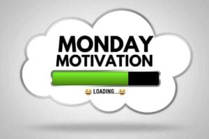 A humorous Monday meme showing "Monday Motivation" text above a partially filled loading bar with laughing emojis, suggesting motivation is still in progress.
